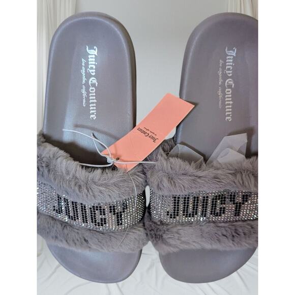 Juicy Couture JC Gravity Slide Slippers Faux Fur Gray Bling Size 6M - Picture 1 of 4